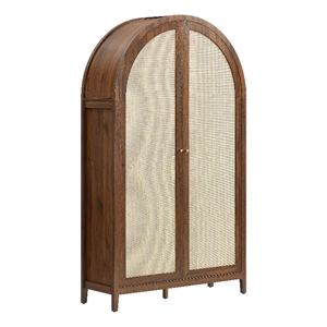 Modway Calista 79&quot Tall Wide Rattan Arched Storage Cabinet in Walnut
