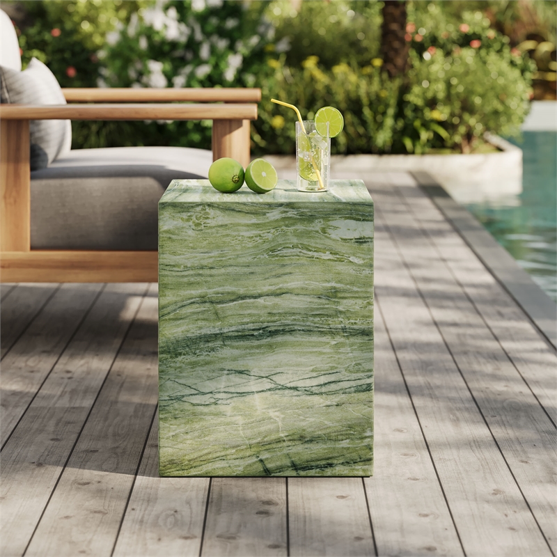 Jordana Square Plinth Indoor - Outdoor Patio Concrete Side Table in Green Marble