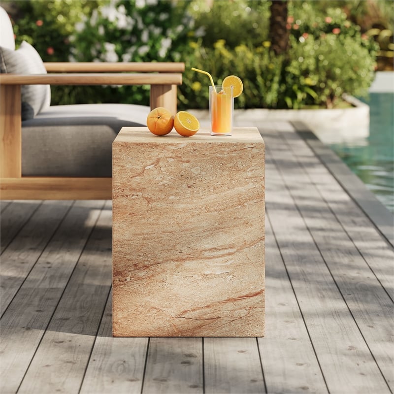 Jordana Square Plinth Indoor - Outdoor Patio Concrete Side Table in Travertine