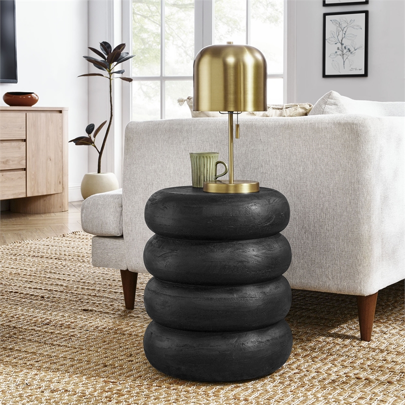 Ellery Round Stacked Wood Side Table in Wirebrush Black