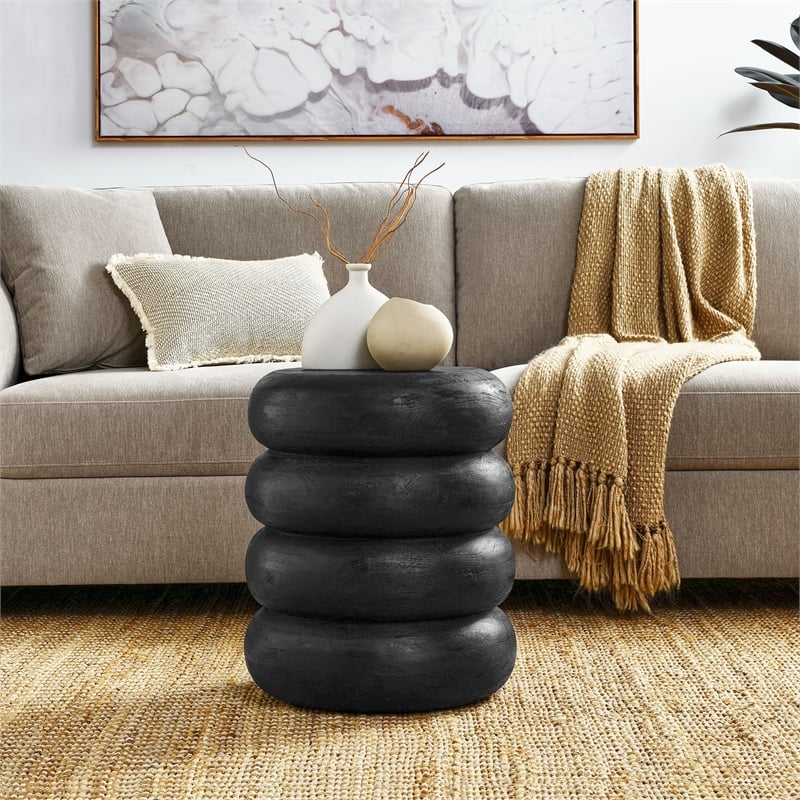 Ellery Round Stacked Wood Side Table in Wirebrush Black