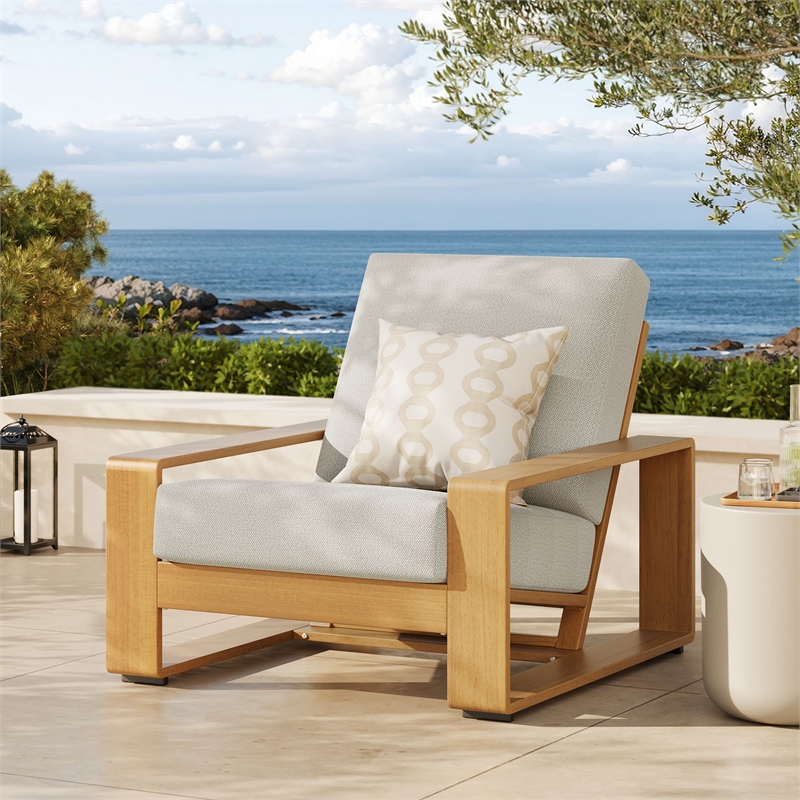 Lirienne Outdoor Patio Aluminum Faux Wood Armchair in Ivory Natural