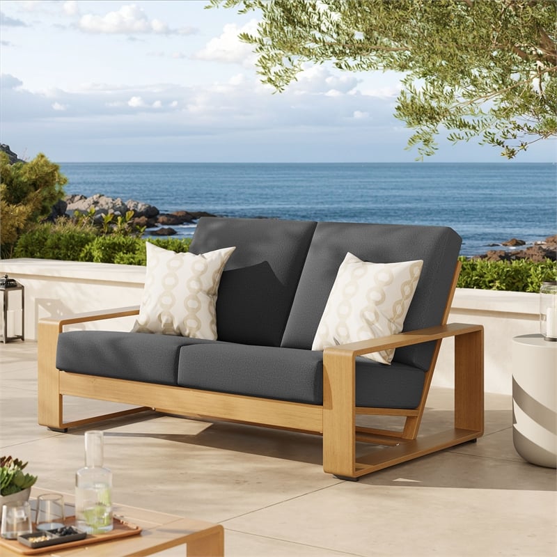 Lirienne Outdoor Patio Aluminum Faux Wood Loveseat in Charcoal Natural