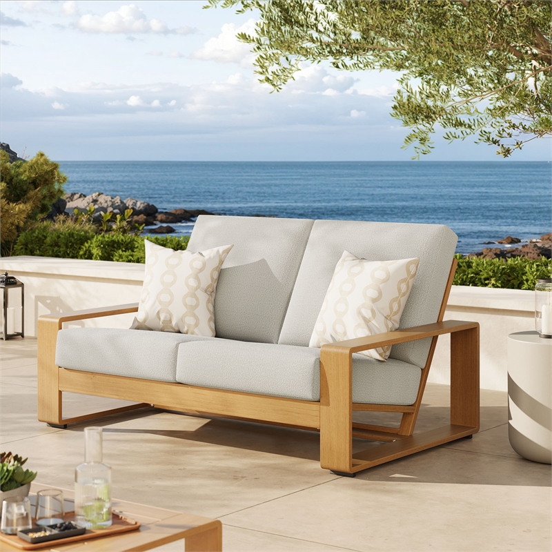 Lirienne Outdoor Patio Aluminum Faux Wood Loveseat in Ivory Natural