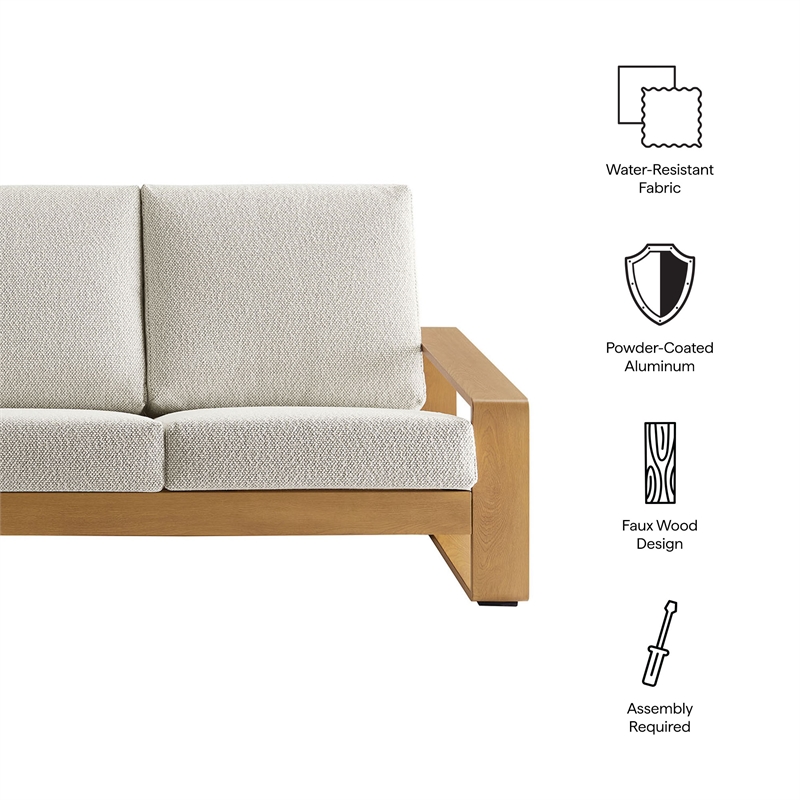 Lirienne Outdoor Patio Aluminum Faux Wood Sofa in Ivory Natural