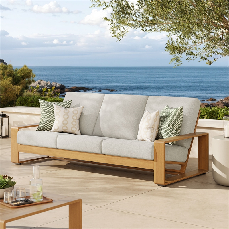 Lirienne Outdoor Patio Aluminum Faux Wood Sofa in Ivory Natural