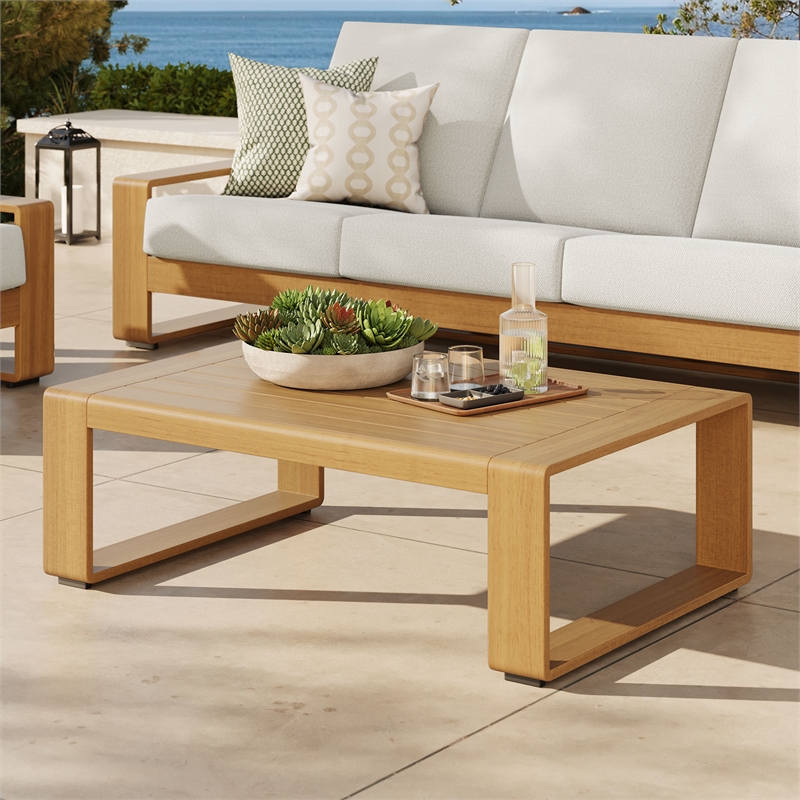 Lirienne Outdoor Patio Aluminum Faux Wood Coffee Table in Natural