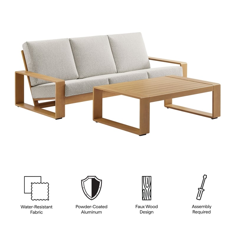Lirienne 2-Piece Outdoor Patio Aluminum Faux Wood Furniture Set in Ivory Natural