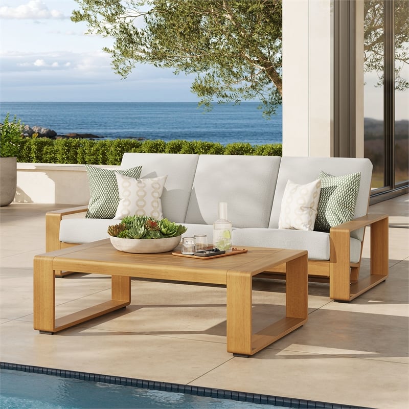 Lirienne 2-Piece Outdoor Patio Aluminum Faux Wood Furniture Set in Ivory Natural