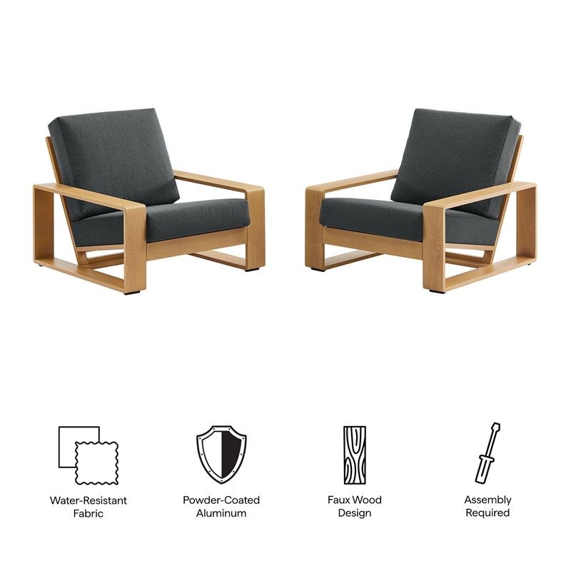 Lirienne Outdoor Patio Aluminum Faux Wood Armchairs Set of 2 in Charcoal Natural