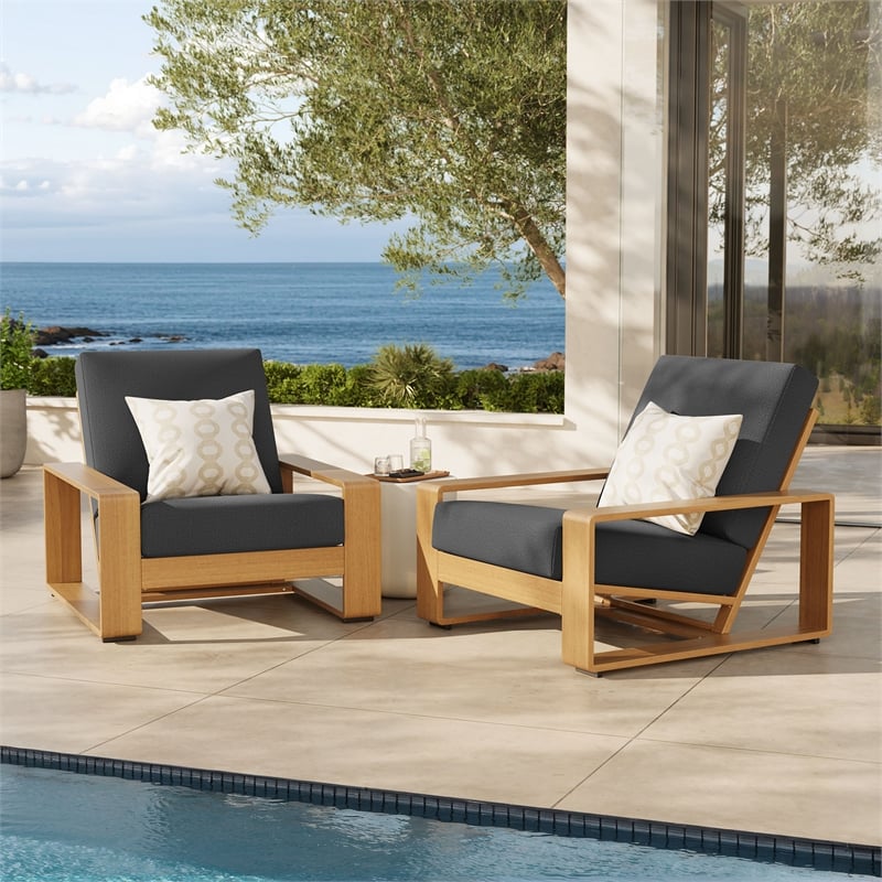 Lirienne Outdoor Patio Aluminum Faux Wood Armchairs Set of 2 in Charcoal Natural