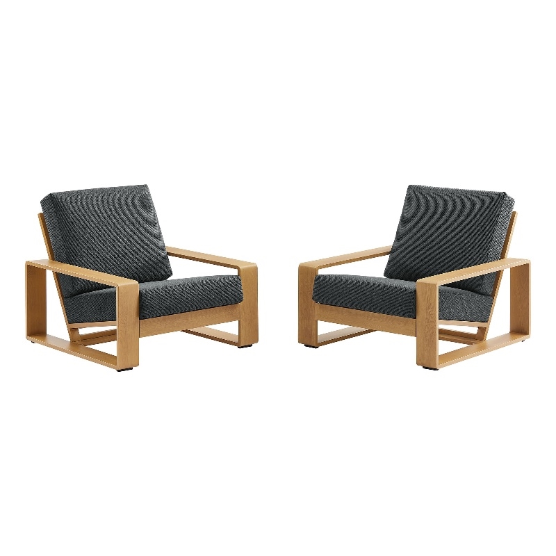 Lirienne Outdoor Patio Aluminum Faux Wood Armchairs Set of 2 in Charcoal Natural