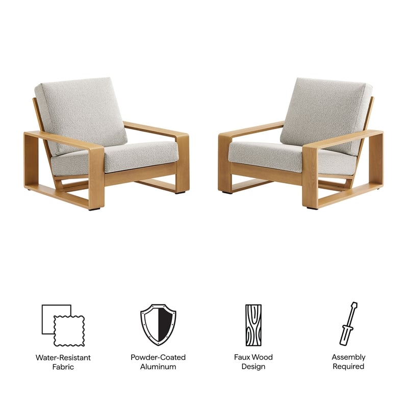 Lirienne Outdoor Patio Aluminum Faux Wood Armchairs Set of 2 in Ivory Natural