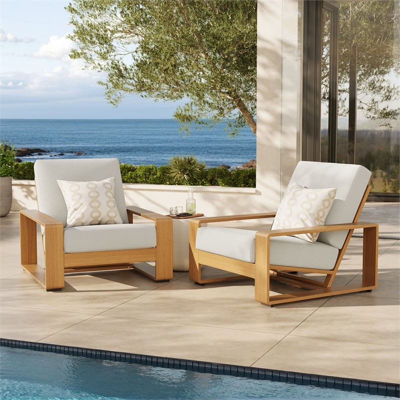 Lirienne Outdoor Patio Aluminum Faux Wood Armchairs Set of 2 in Ivory Natural