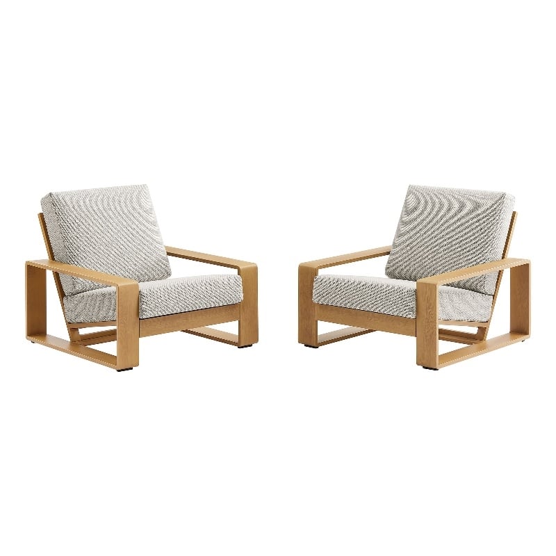 Lirienne Outdoor Patio Aluminum Faux Wood Armchairs Set of 2 in Ivory Natural