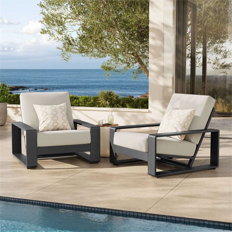 Lirienne Outdoor Patio Aluminum Faux Wood Armchairs Set of 2 in Cream