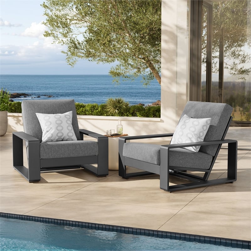 Lirienne Outdoor Patio Aluminum Faux Wood Armchairs Set of 2 in Light Gray
