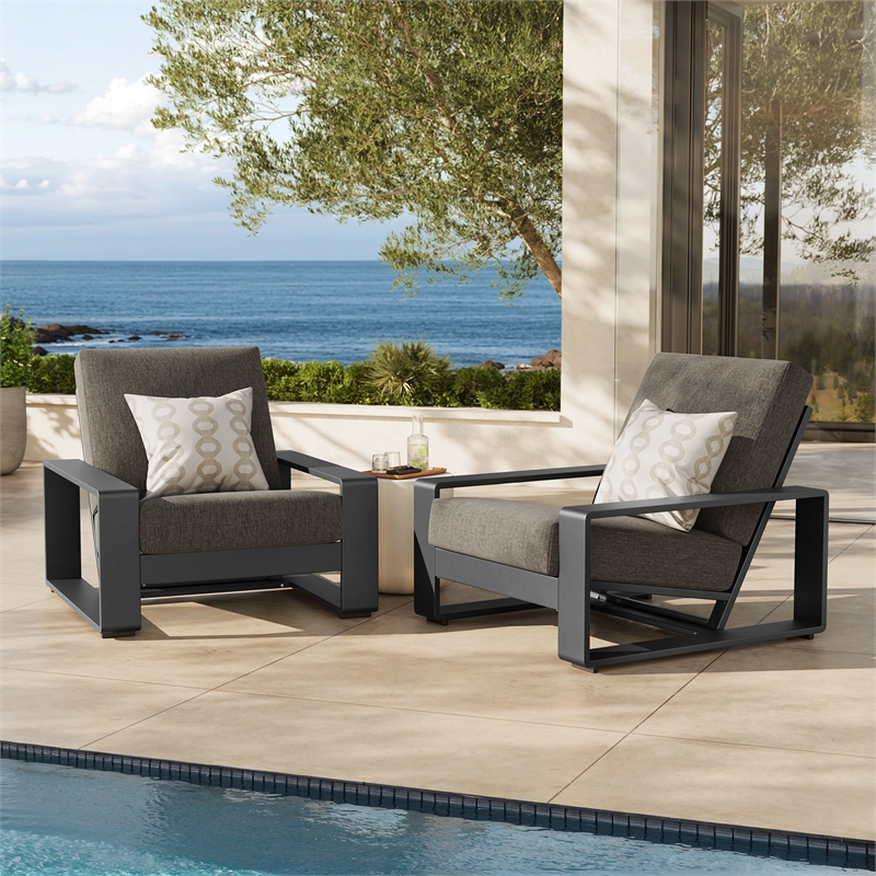 Lirienne Outdoor Patio Aluminum Faux Wood Armchairs Set of 2 in Smoke