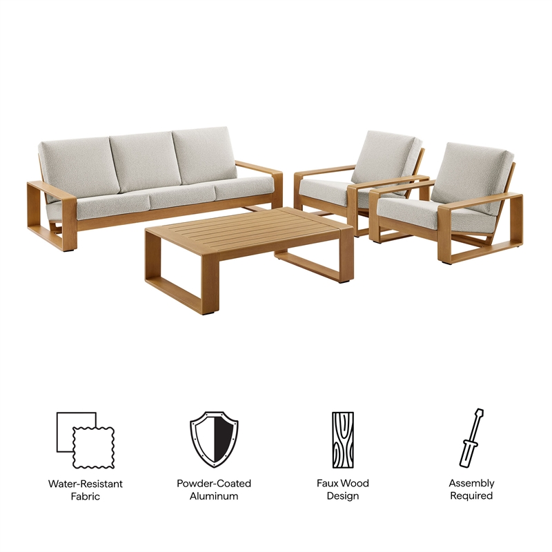 Modway Lirienne 4-Piece Patio Aluminum Faux Wood Furniture Set in Ivory Natural