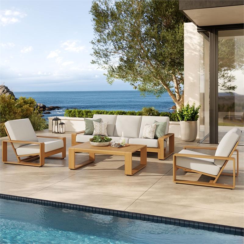 Modway Lirienne 4-Piece Patio Aluminum Faux Wood Furniture Set in Ivory Natural