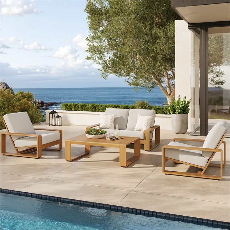 Modway Lirienne 4-Piece Patio Aluminum Faux Wood Furniture Set in Ivory Natural