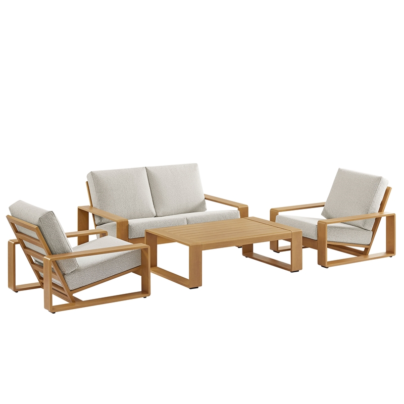 Modway Lirienne 4-Piece Patio Aluminum Faux Wood Furniture Set in Ivory Natural