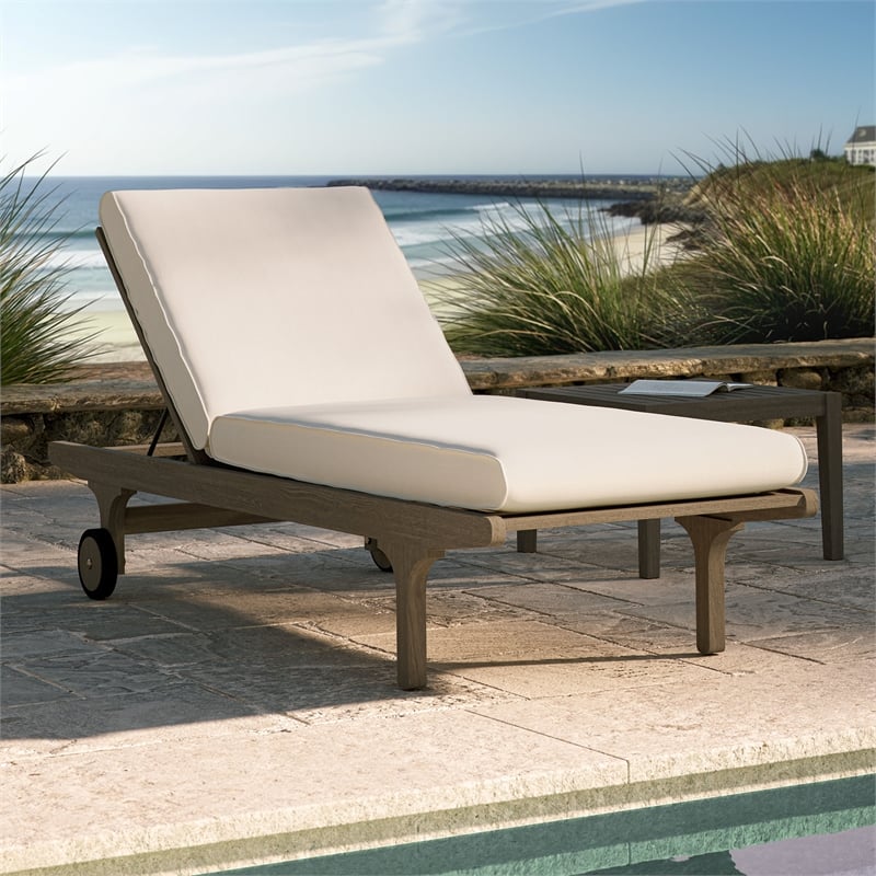 Saratoga Outdoor Patio Teak Chaise Lounge Chair in Weathered Gray White