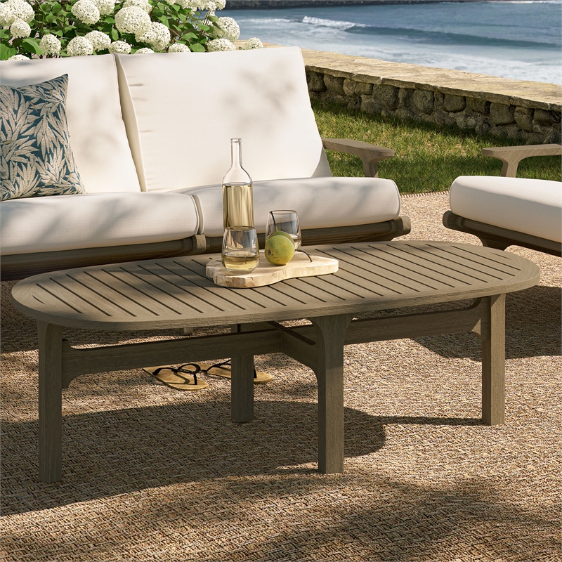 Saratoga Oval Outdoor Patio Teak Wood Coffee Table in Weathered Gray