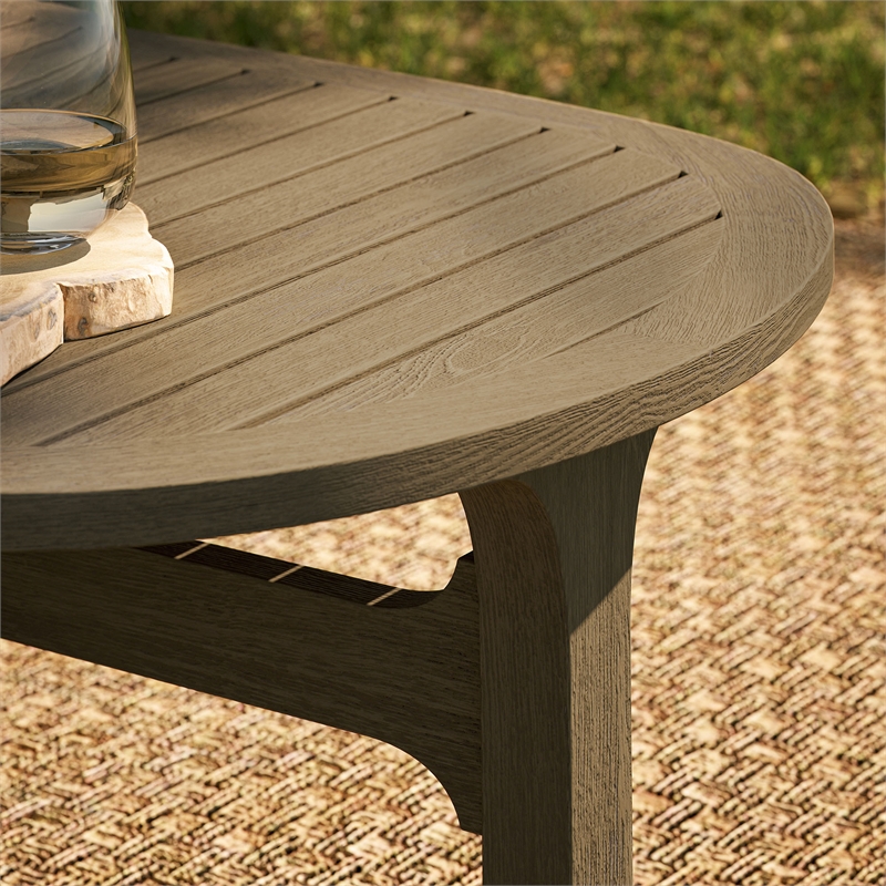 Saratoga Oval Outdoor Patio Teak Wood Coffee Table in Weathered Gray