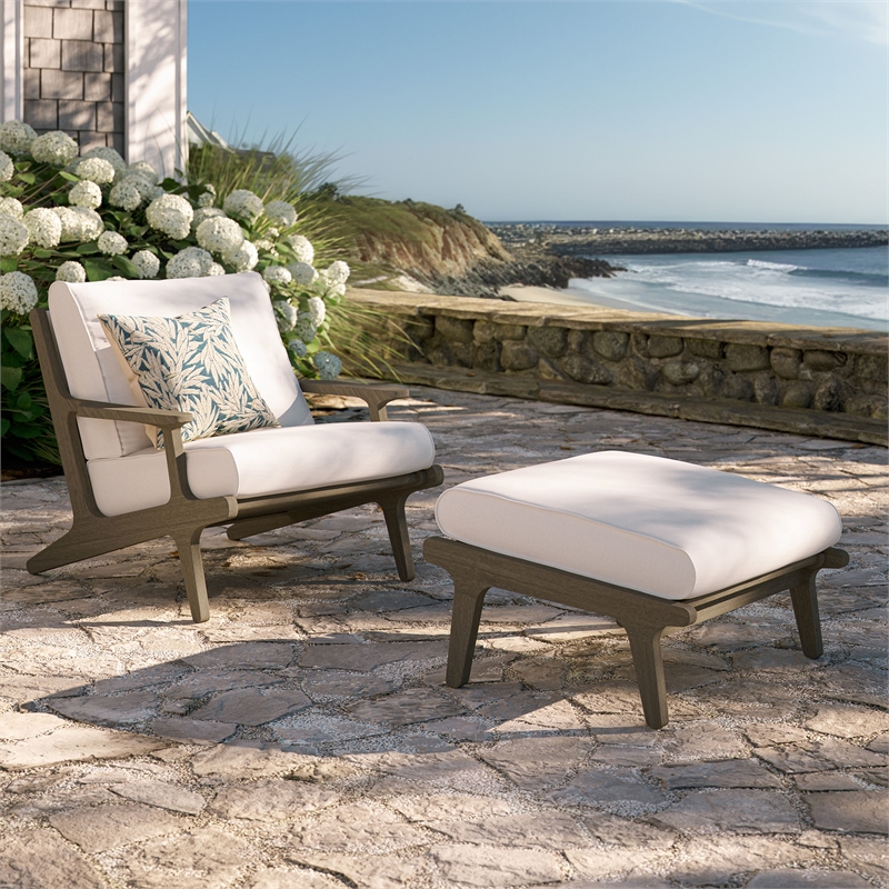 Saratoga Outdoor Patio Teak Wood Chair and Ottoman Set in Weathered Gray White