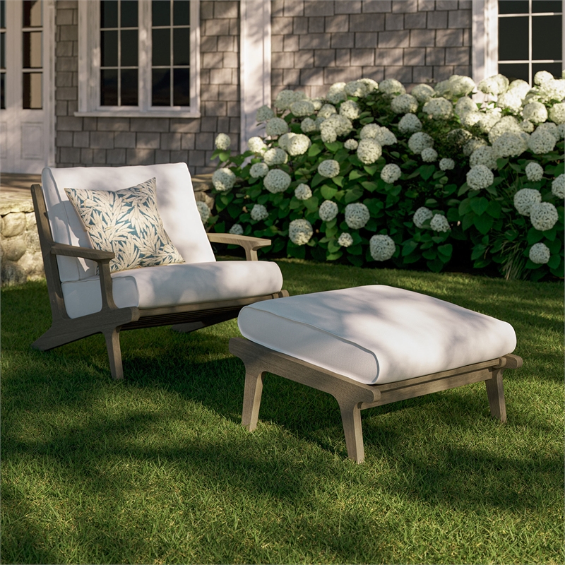 Saratoga Outdoor Patio Teak Wood Chair and Ottoman Set in Weathered Gray White