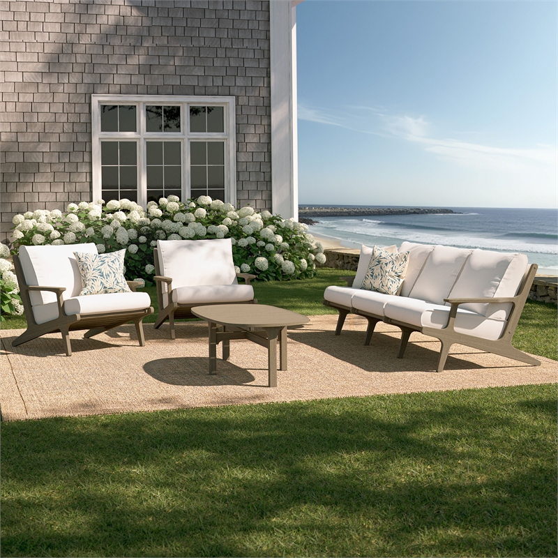 Modway Saratoga 4PC Outdoor Patio Teak Wood Furniture Set - Weathered Gray/White