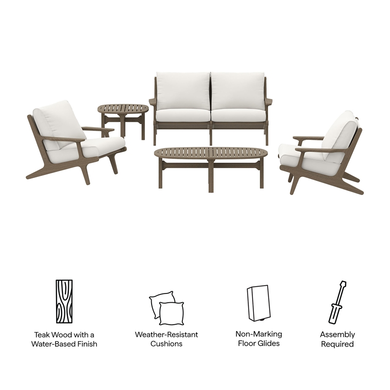 Modway Saratoga 5PC Outdoor Patio Teak Wood Furniture Set - Weathered Gray/White