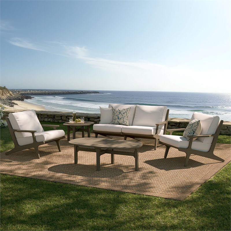 Modway Saratoga 5PC Outdoor Patio Teak Wood Furniture Set - Weathered Gray/White