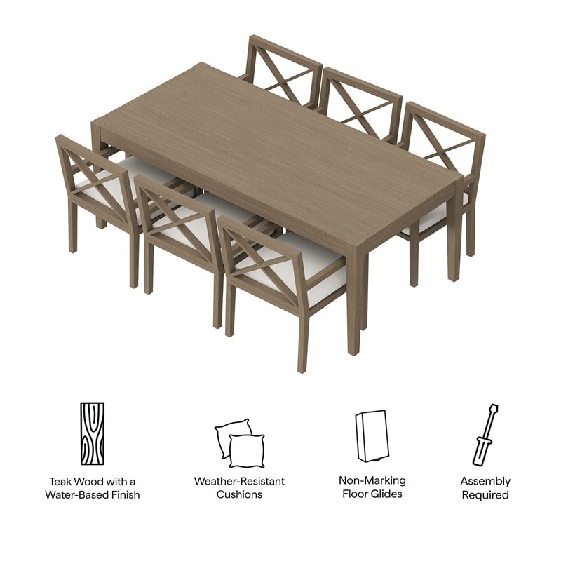 Modway Northlake 7-Piece Outdoor Patio Teak Wood Dining Set in Weathered Gray