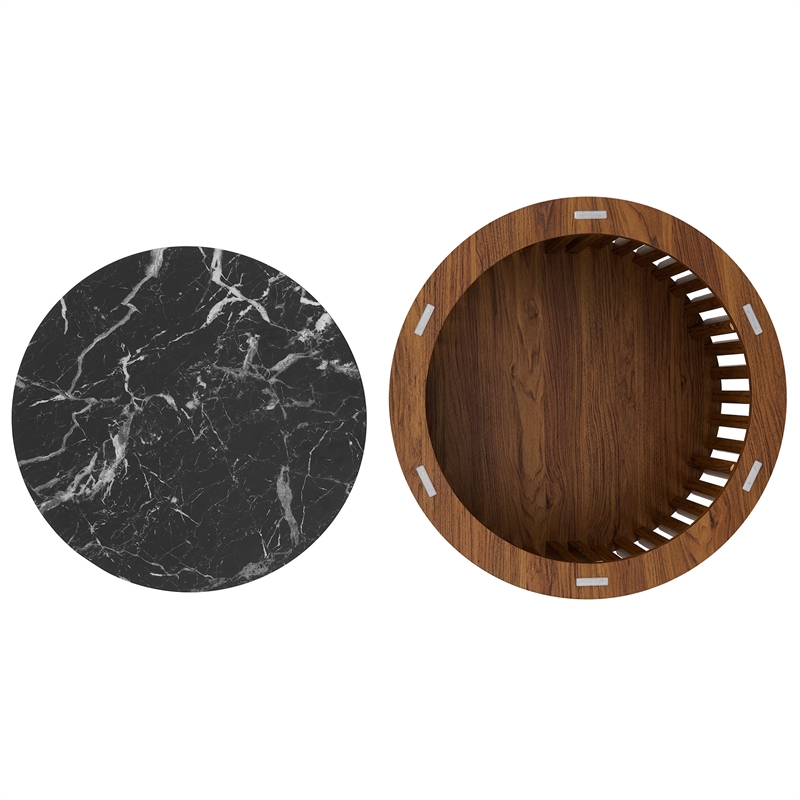 Fortitude Round Faux Marble Top Nesting Coffee Table Set in Walnut Black