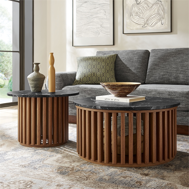 Fortitude Round Faux Marble Top Nesting Coffee Table Set in Walnut Black