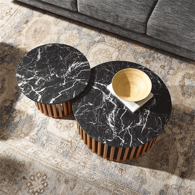 Fortitude Round Faux Marble Top Nesting Coffee Table Set in Walnut Black