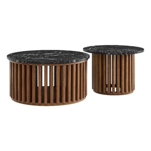 Fortitude Round Faux Marble Top Nesting Coffee Table Set in Walnut Black