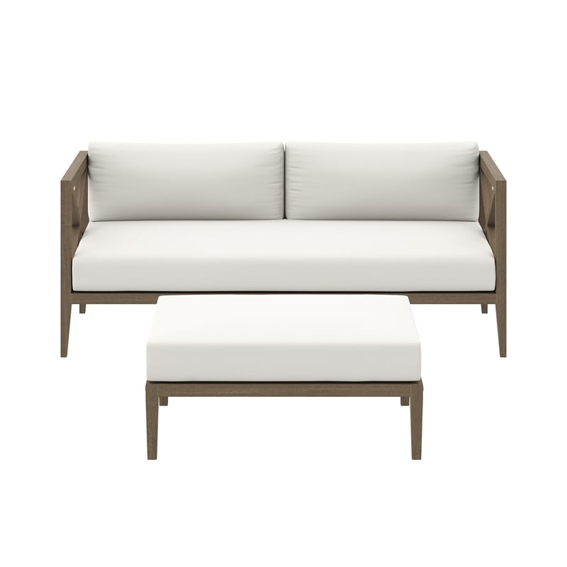 Northlake Outdoor Patio Teak Wood Loveseat and Ottoman Set in Weathered Gray
