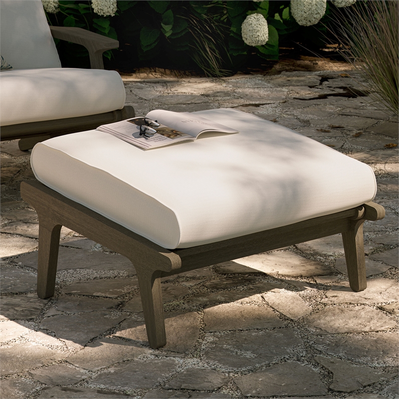 Saratoga Outdoor Patio Teak Ottoman in Weathered Gray White