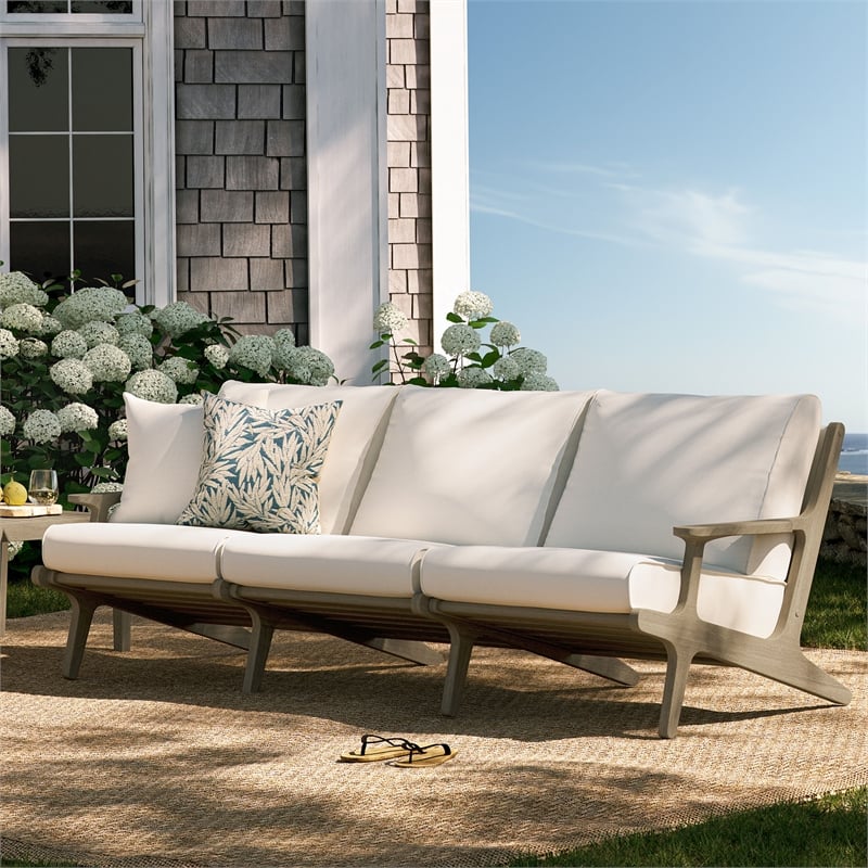 Modway Saratoga Outdoor Patio Teak Sofa in Weathered Gray White
