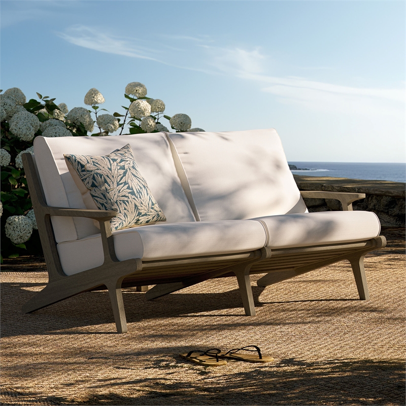 Saratoga Outdoor Patio Teak Wood Loveseat in Weathered Gray White