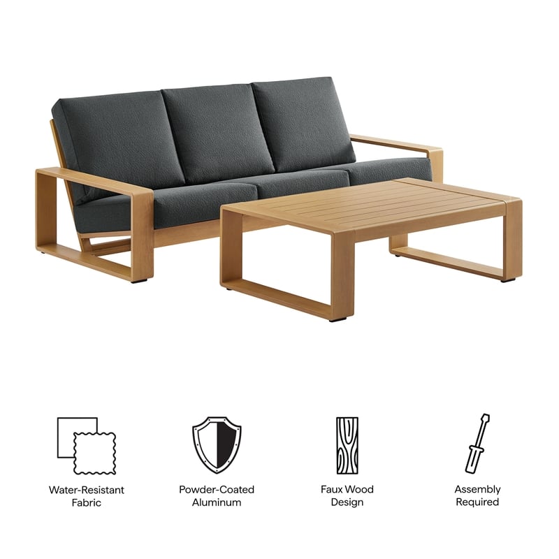 Lirienne 2-Piece Patio Aluminum Faux Wood Furniture Set in Charcoal Natural