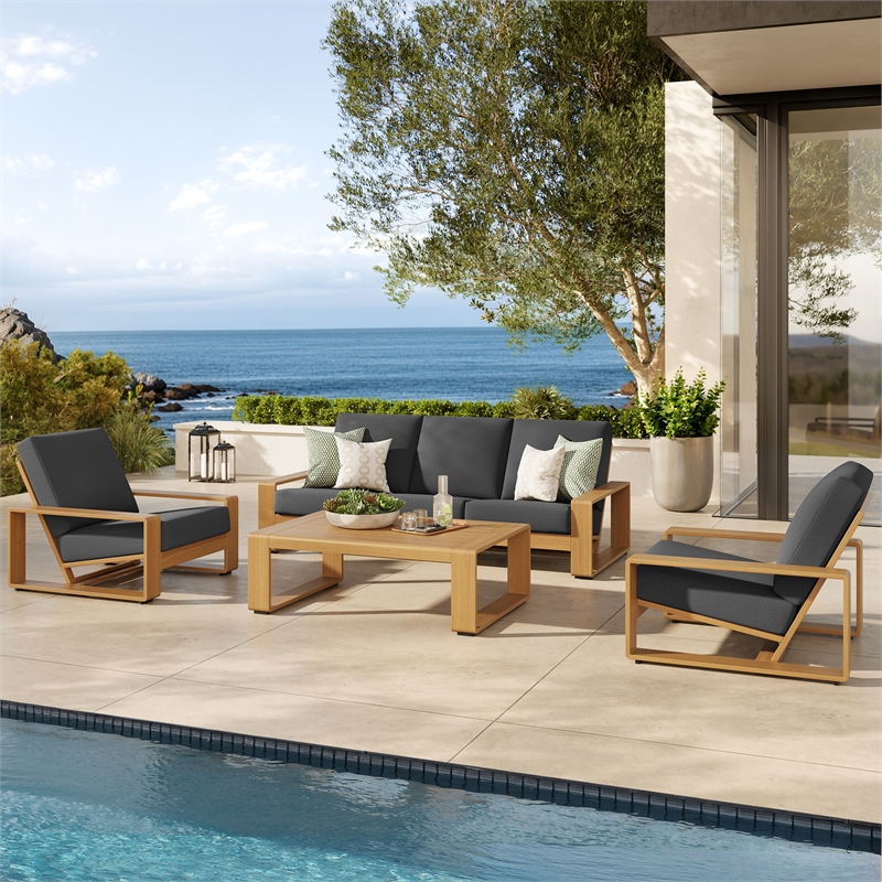 Modway Lirienne 4-PC Patio Aluminum Faux Wood Furniture Set in Charcoal/Natural