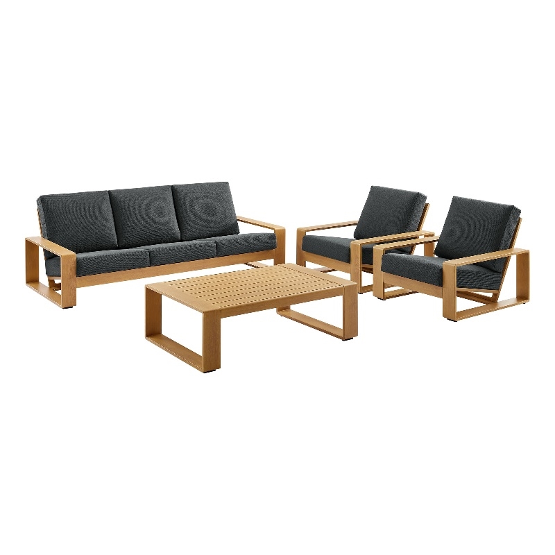 Modway Lirienne 4-PC Patio Aluminum Faux Wood Furniture Set in Charcoal/Natural