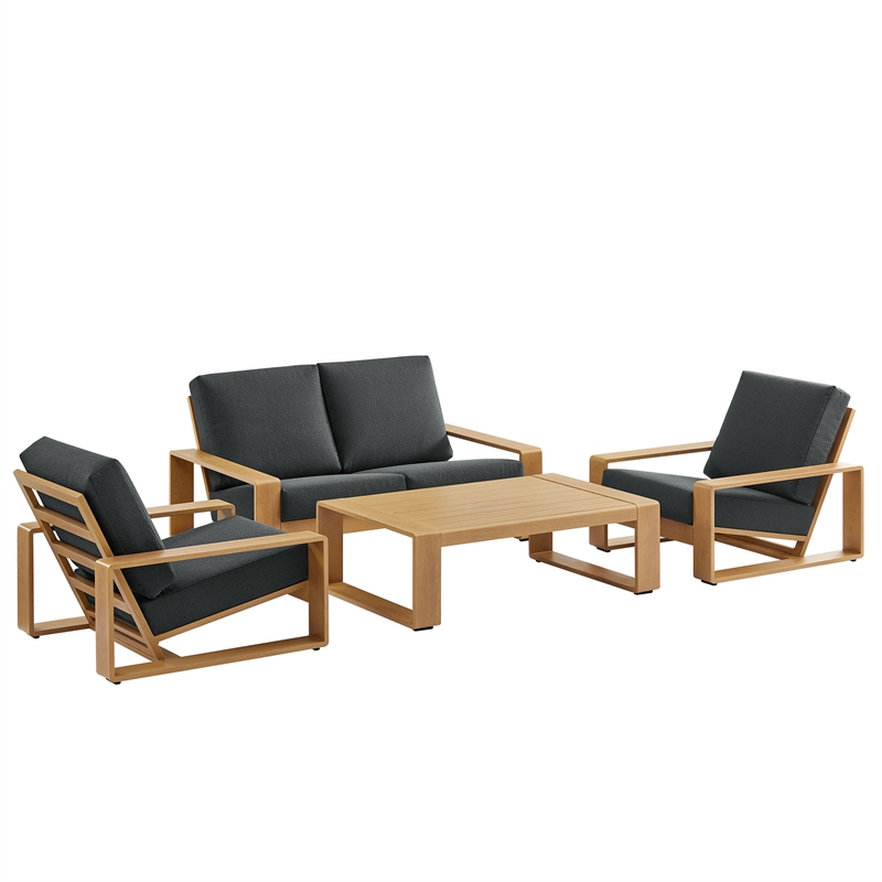 Modway Lirienne 4-PC Patio Aluminum Faux Wood Furniture Set in Charcoal/Natural
