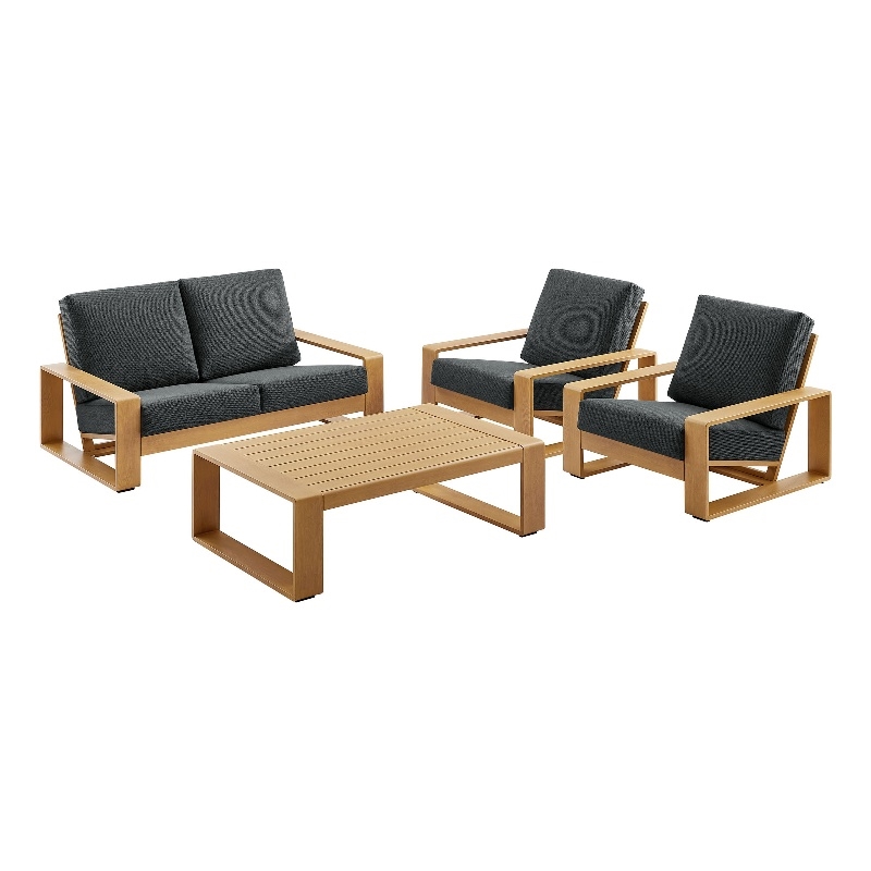 Modway Lirienne 4-PC Patio Aluminum Faux Wood Furniture Set in Charcoal/Natural