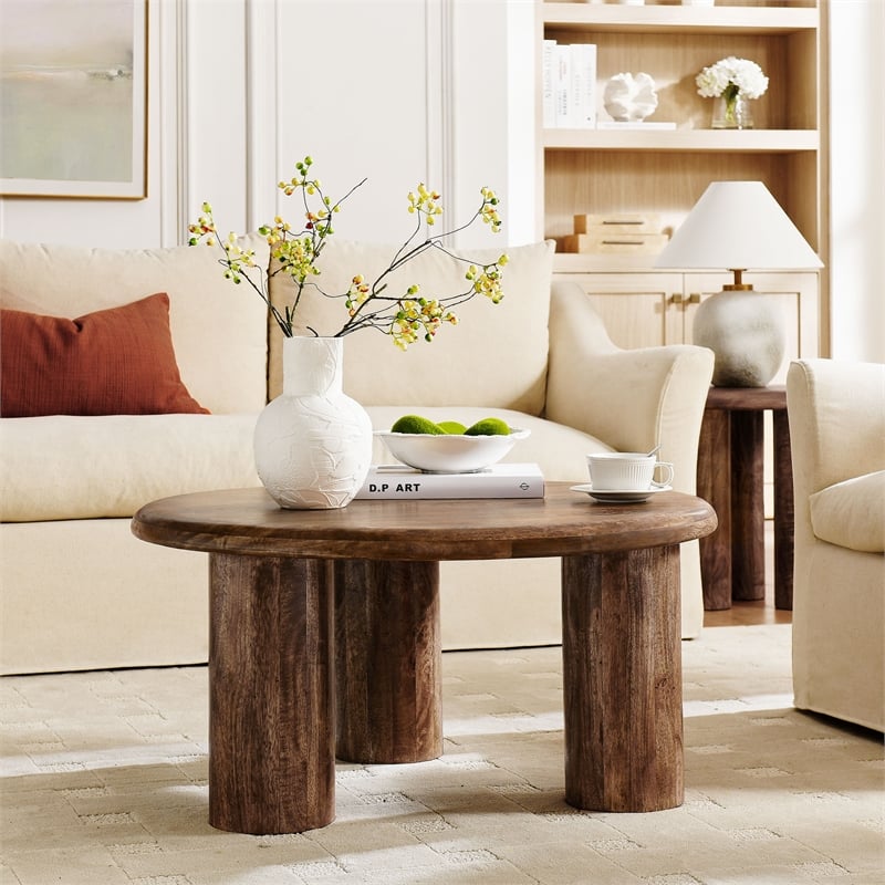 Mavina Round Mango Wood Coffee Table in Walnut