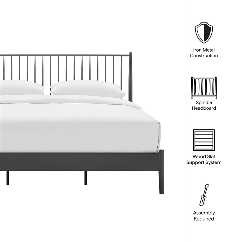 Adair Spindle Metal King Platform Bed in Charcoal